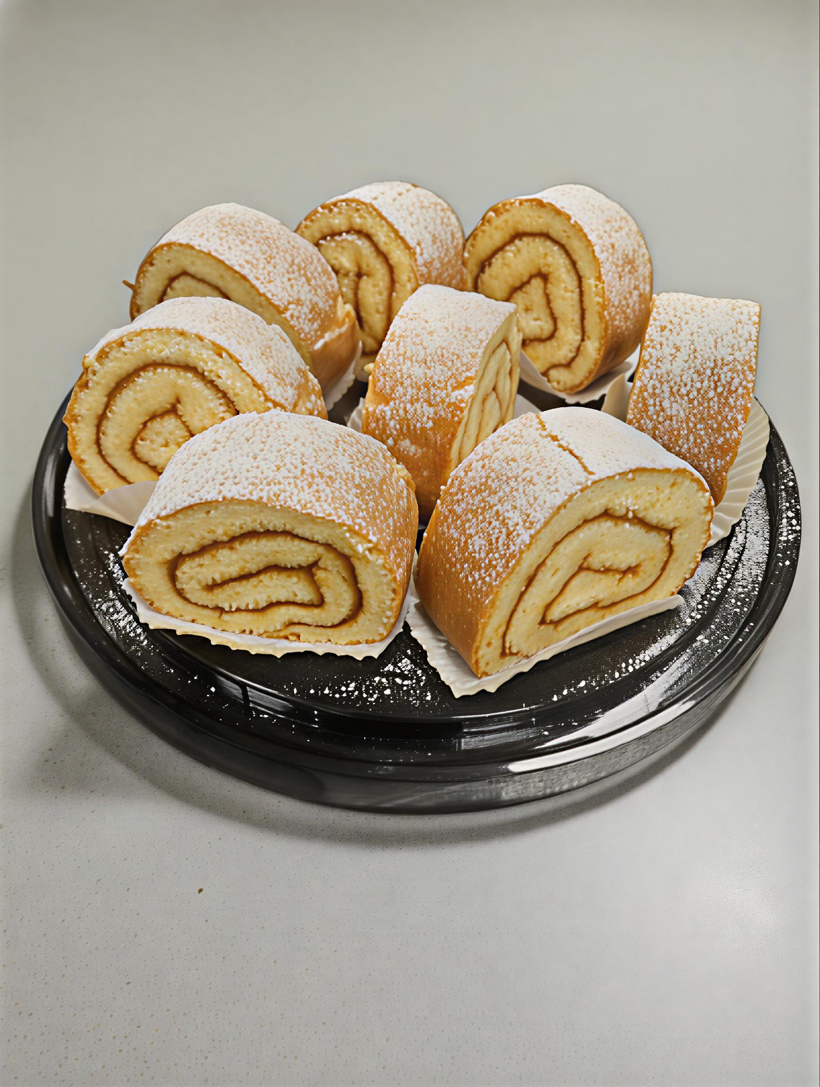 Friss piskótatekercs szeletek tálcán tálalva.