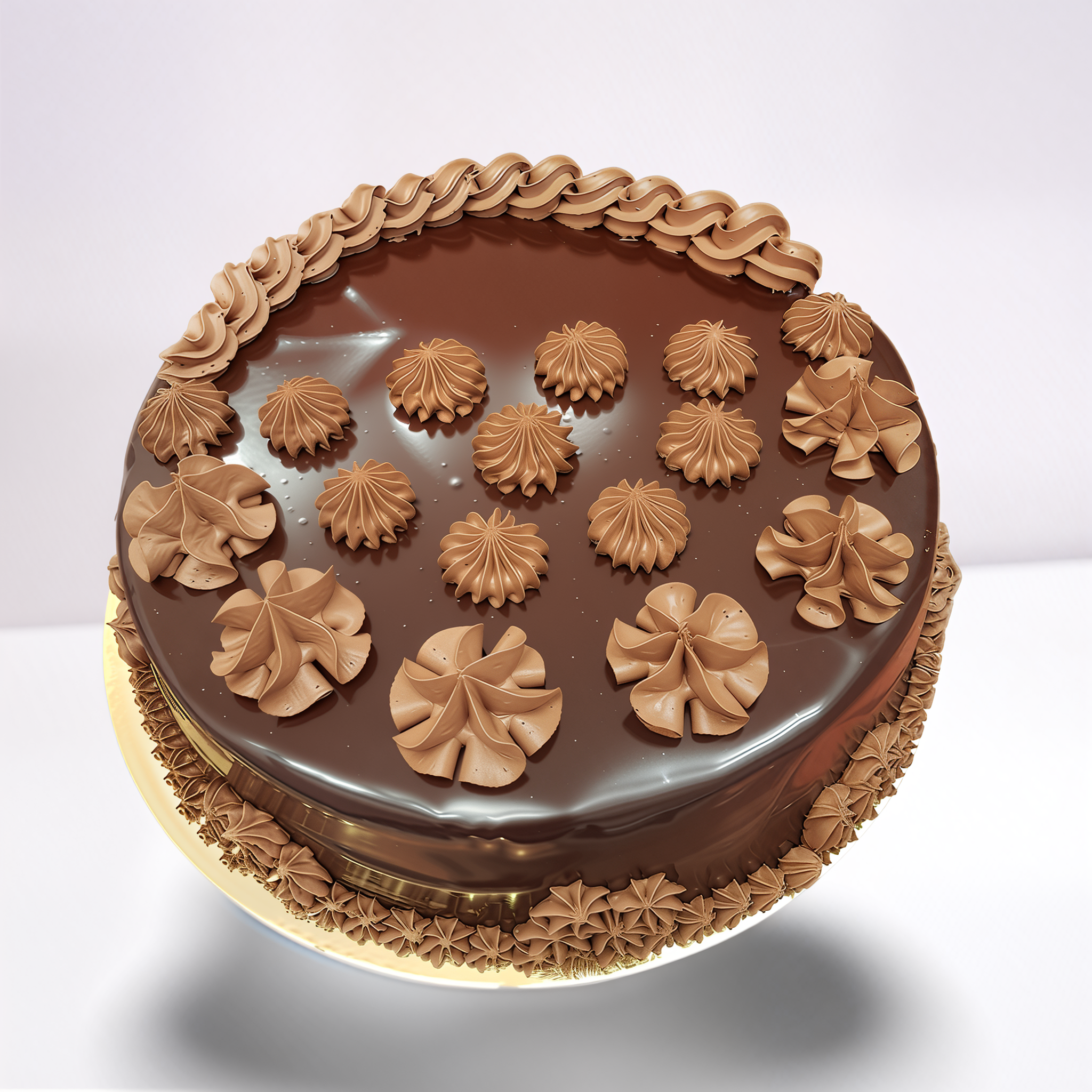 Csokoládétorta díszes krémmel díszítve.