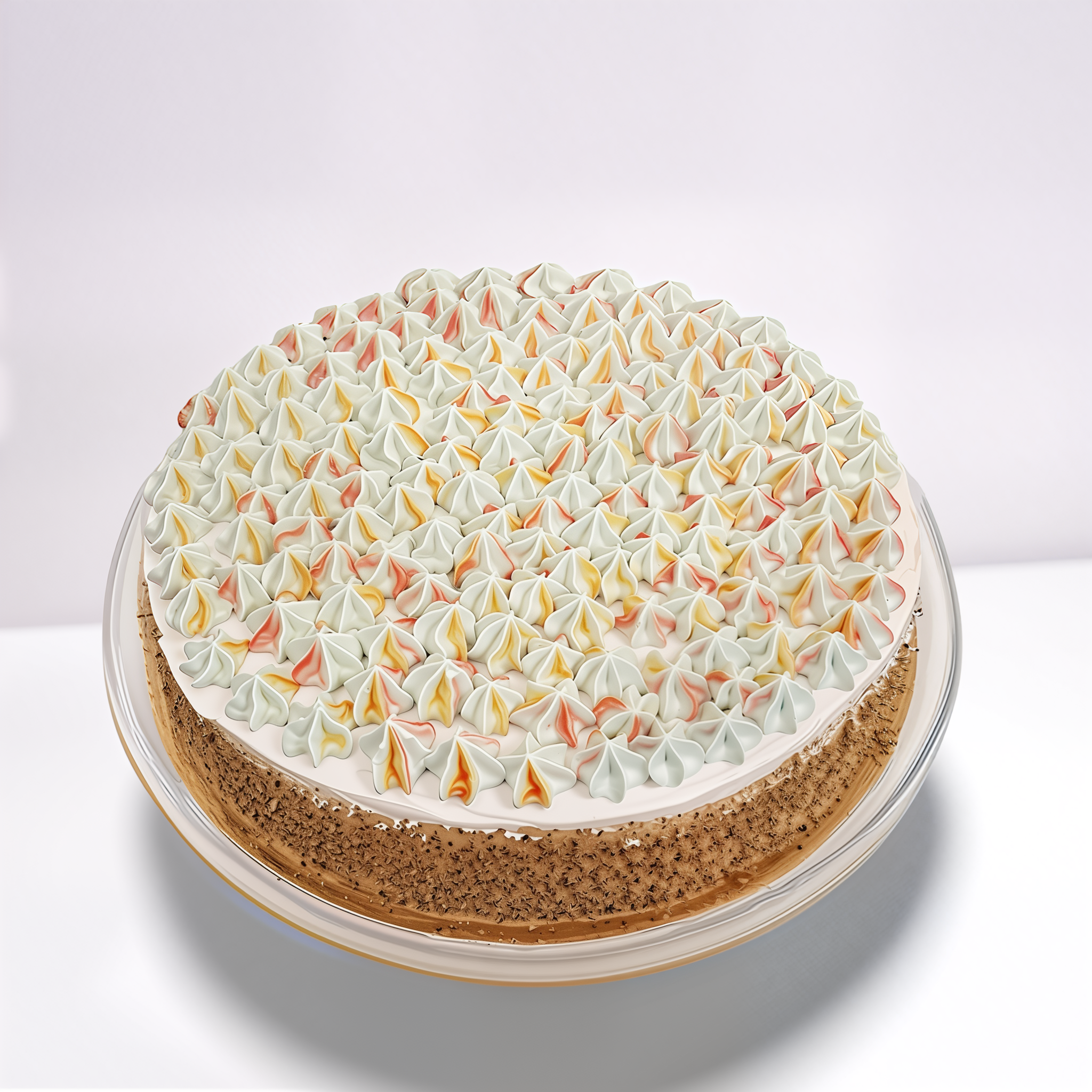 Díszített torta habcsókokkal üvegtálcán.